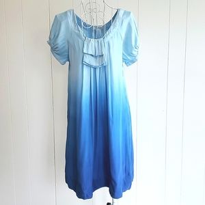 Miss Closet 100% Silk Blue Ombre Puff Short Sleeve Dress Size S Scoop neck